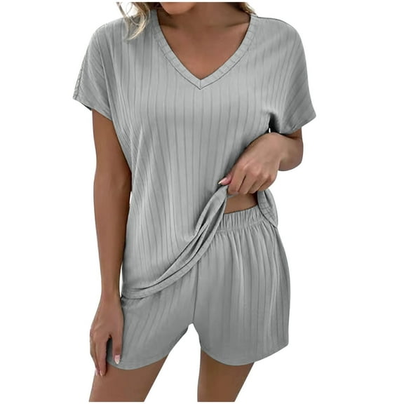 Two Piece Summer Sets for Women Women Outfit Summer Clothing Set Female Round Neck Short Sleeve Tops Pants Sets Long Pant Style S_7 Women's Tracksuits Gray XL