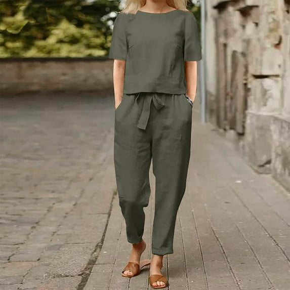 Two Piece Summer Sets Women's Plus Size Fashion Round Neck Short Sleeve Tops Pants Casual Suit Sets Up to 65% off