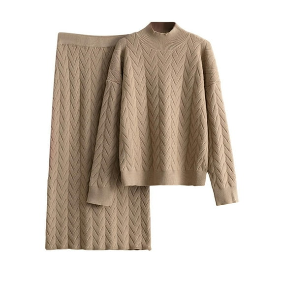 Two Piece Sweater Lounge Set High Collar Long Sleeve Top Solid Straight Skirt Knit Outfit Khaki Free Size