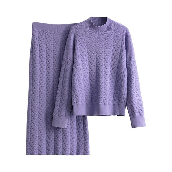 Two Piece Sweater Lounge Set High Collar Long Sleeve Top Solid Straight Skirt Knit Outfit Purple Free Size