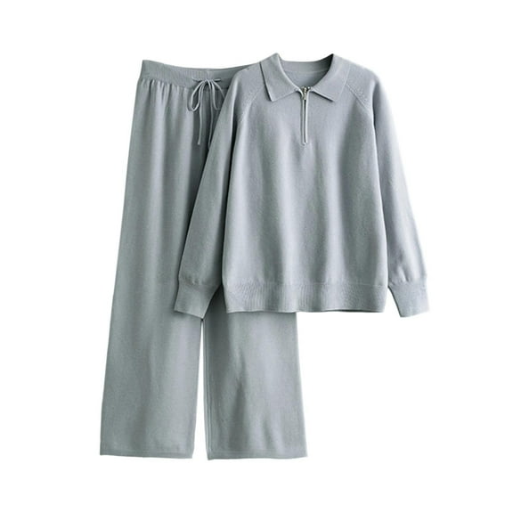 Two Piece Sweater Lounge Set for Women Color Block Long Sleeve Lapel Pullover and Wide Leg Pants Gray Free Size