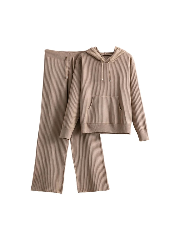 Two Piece Sweater Lounge Set for Women Long Sleeve Solid Hoodie with Pocket Pant Ribbed Knit Outwear Khaki Free Size