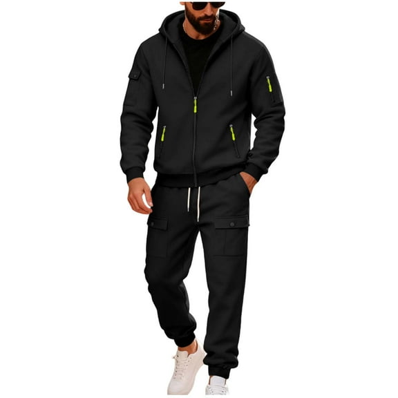 Two Piece Sweatshirt Set for Men Long Sleeve Zipper Up Hoodie Overalls Solid Pants Outerwear with Pockets Black M