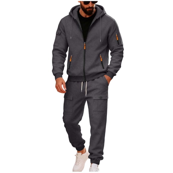 Two Piece Sweatshirt Set for Men Long Sleeve Zipper Up Hoodie Overalls Solid Pants Outerwear with Pockets Dark Gray M