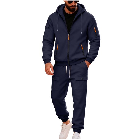 Two Piece Sweatshirt Set for Men Long Sleeve Zipper Up Hoodie Overalls Solid Pants Outerwear with Pockets Navy L