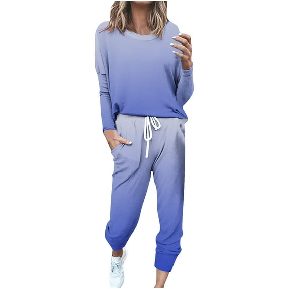 Two Piece Sweatsuits Womens Lounge Sets Gradient Color Long Sleeve Crewneck Top and Joggers Sweatpant Pant Set (5XL, Light Blue)