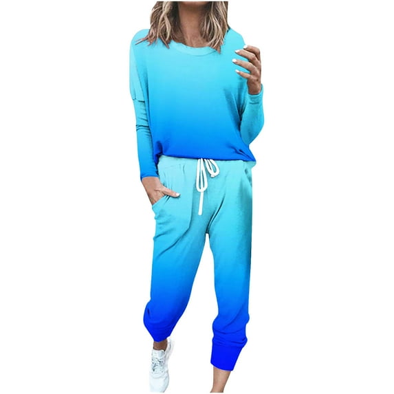 Two Piece Sweatsuits Womens Lounge Sets Gradient Color Long Sleeve Crewneck Top and Joggers Sweatpant Pant Set (XL, Blue)