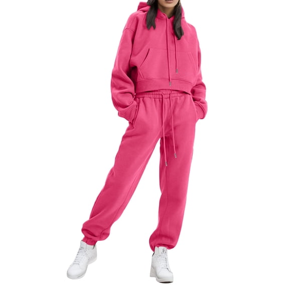 Two Piece Sweatsuits for Women Solid Color Hooded Sweatshirts and Pants Long Sleeve Fashion Travel Tracksuit Matching Set Winter Clothes