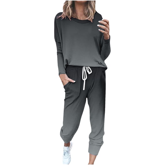 Two Piece Sweatsuits for Women Lounge Sets Gradient Color Long Sleeve Crewneck Top and Joggers Sweatpant Pant Set (2XL, Black)