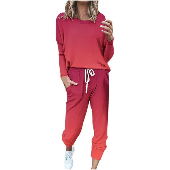Two Piece Sweatsuits for Women Lounge Sets Gradient Color Long Sleeve Crewneck Top and Joggers Sweatpant Pant Set (2XL, Red)