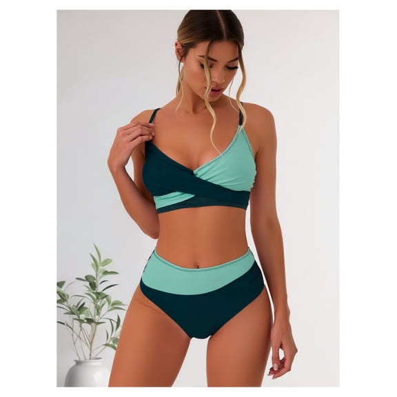 Two Piece Swimsuit - Color Block Bikini Set High Waist; Women's Cross Front Bathing Suit; Retro Vintage Swimwear; Elastic Comfortable Fabric; Beach Pool Vacation