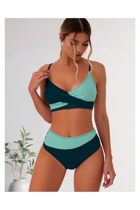 Two Piece Swimsuit - Color Block High Waist Bikini Set for Women, Cross Front Top, Tummy Control, Adjustable Straps, Stylish Beachwear, Bathing Suit for Teens & Adults