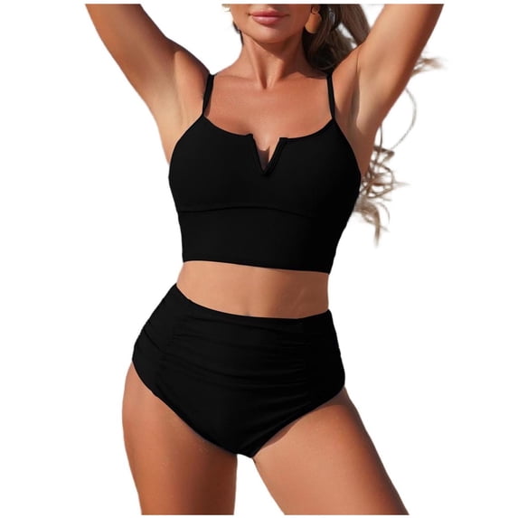 Two Piece Swimsuit For Women Sevevn Women's High Waisted Bikini Sets V Neck Twist Back Top Swimsuit Tummy Control Bathing Suit Black S
