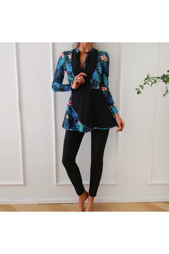 Two Piece Swimsuit Set For Women Long Sleeve Zipper Detail Flattering Coverage Ideal for Beach Vacation Pool Party Summer Resort Wear Tropical Getaway Weekend Escape