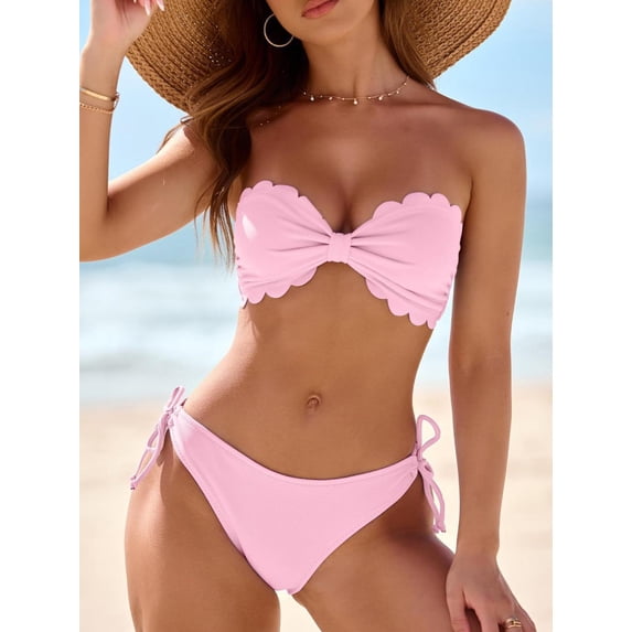 Two Piece Swimsuit for Women, Full Coverage Bikini, Womens Bikini Swimsuits, Swimsuit Bikini, Womens Wavy Edge Bandeau Bikini Strapless Tie Back Side String Bathing Suits Two Piece Swimsuit, Pink L