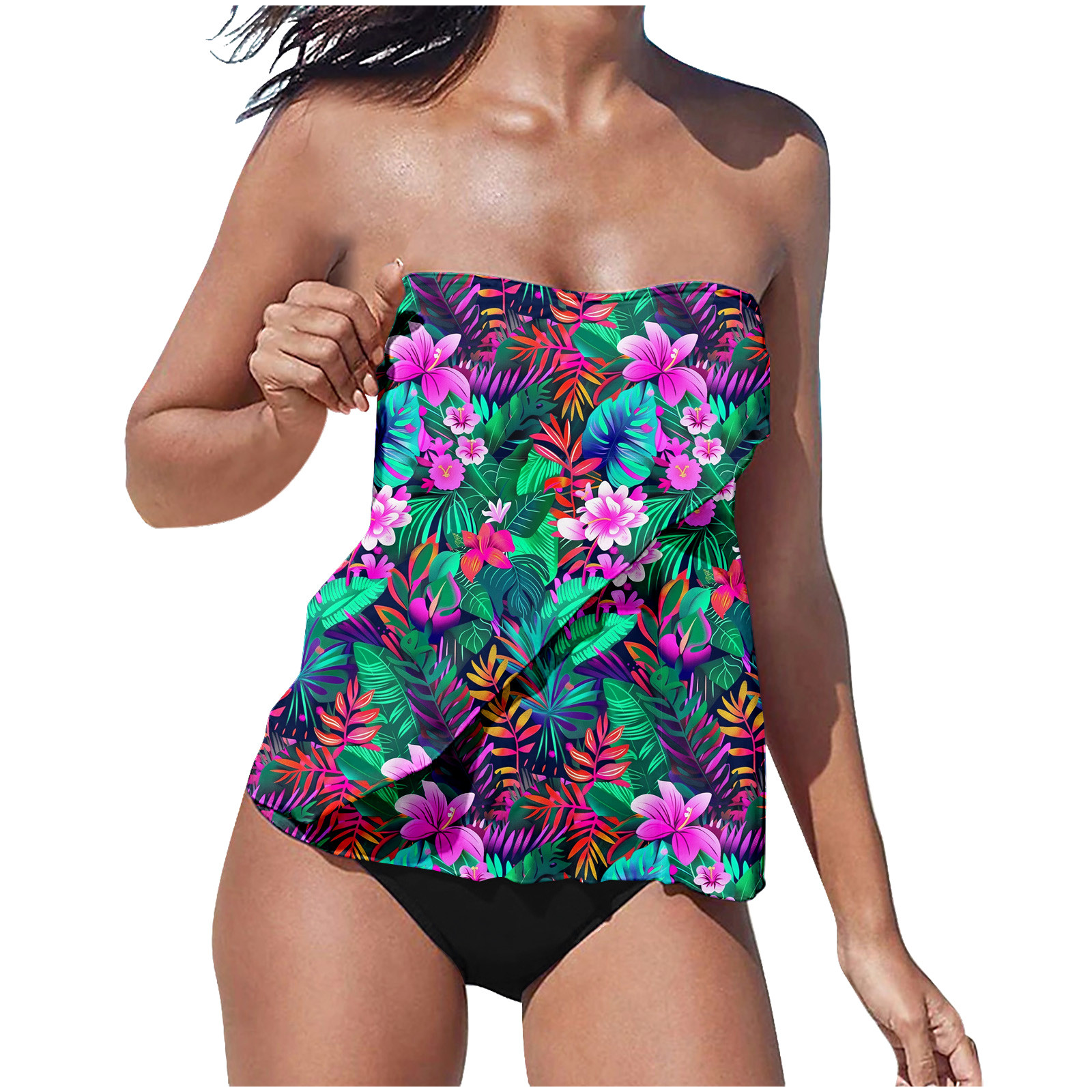 Two Piece Swimsuit for Women Plus Size High Waisted Athletic Tankini Swimsuits Fashion Print Two Piece Summer Ruched Loose Fit Swim Top Bathing Suit Strapless Swimwear with Bottom 2025 Clearance M