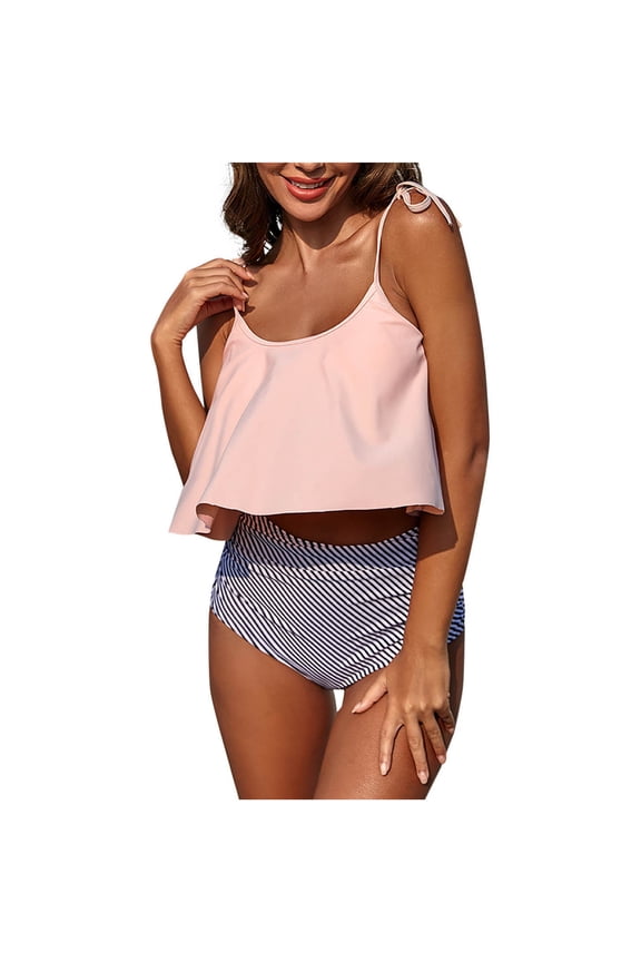 Two Piece Swimsuit for Women,Womens Tankini,Adjustable Tie Backless Bikinis Sets,Bathing Suits Tummy Control Solid Color Ruffled Flounce tops Print High Waisted Bottom Bikini Sets