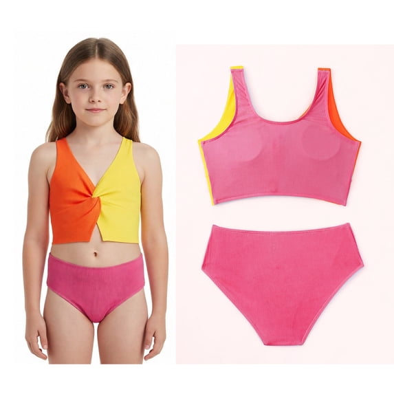 Two Piece Swimsuit for Girls Quick Dry Girls' Swimwear with Chest Pad Bikinis for Kids 8-9 Years