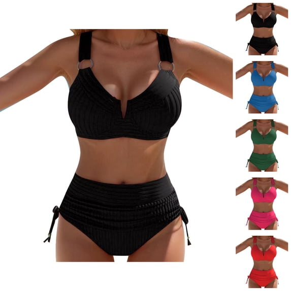 High Waisted Bikini Set for Women 2 Piece Swimsuit Solid Color Push Up Bikini with Adjustable Straps Summer 2026 Beach Swimwear