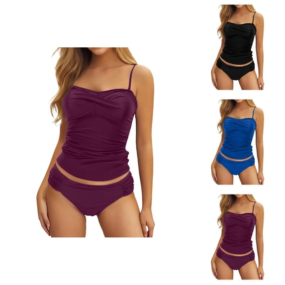 Two Piece Swimsuit for Women Solid Tankini Top Adjustable Tie Bikini Bottom High Waisted Swimwear Tummy Control Beach Vacation Outfit