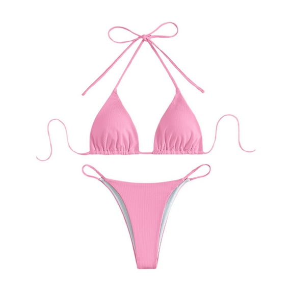 Two Piece Swimsuit for Women Solid Three-Point Bikini Spaghetti Strap Stylish Adjustable Pink Bathing Suits for Women XL