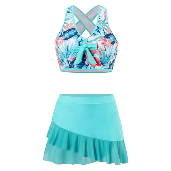 Two Piece Swimsuits for Women Back Criss Cross Swimwear Leaf Print Bathing Suit Tummy Control Skirt Ruffled Swimdress