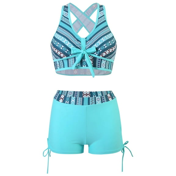 Two Piece Swimsuits for Women Boho Geometric Printed Swimsuit Drawstring Boyshorts Bathing Suit Back Cross Swimwear