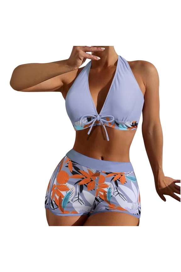 Two Piece Swimsuits for Women Halter Tie Deep V Neck Swimsuit Tummy Control Boyshorts Swimsuit Leaf Print Bathing Suit