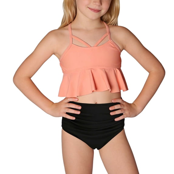 Two Piece Swimsuits for Girls 2-12 Years Cross Flounce Swimsuits Halter Top & High Waisted Swim Bottoms Beachwear (7-8 Years, Pink)