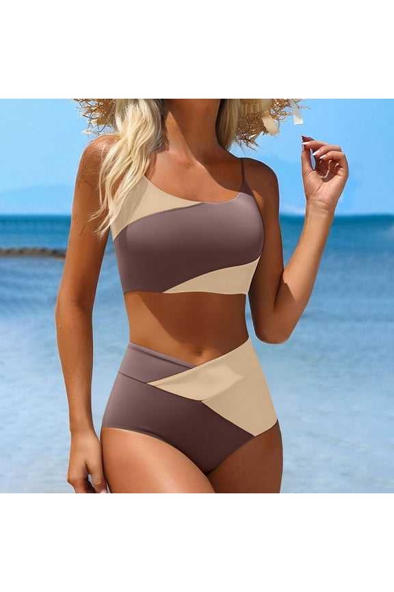 Two Piece Swimsuits for Women Color Block Scoop Neck Top High Waisted Bathing Suits Cross Waist Design Flattering Sporty Bikini Sets
