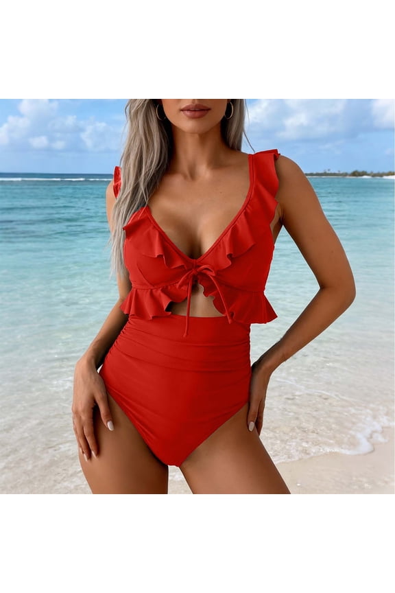 Two Piece Swimsuits for Women Padded Ruffle Hem Tie Front V Neck Bikini Sets High Waisted Tummy Control Bathing Suits Cut Out Beachwear