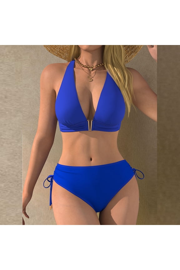 Two Piece Swimsuits for Women V Neck Halter Bikini Sets High Waisted Side Tie Bathing Suits Metal Link Detail Flattering Beachwear