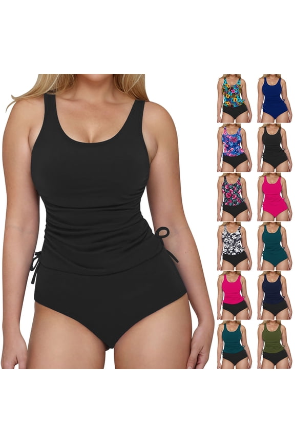 Two Piece Tankini Bathing Suit for Women Ruched Swim Top with Bikini Bottom Tummy Control Swimsuit Sets Multicolor S