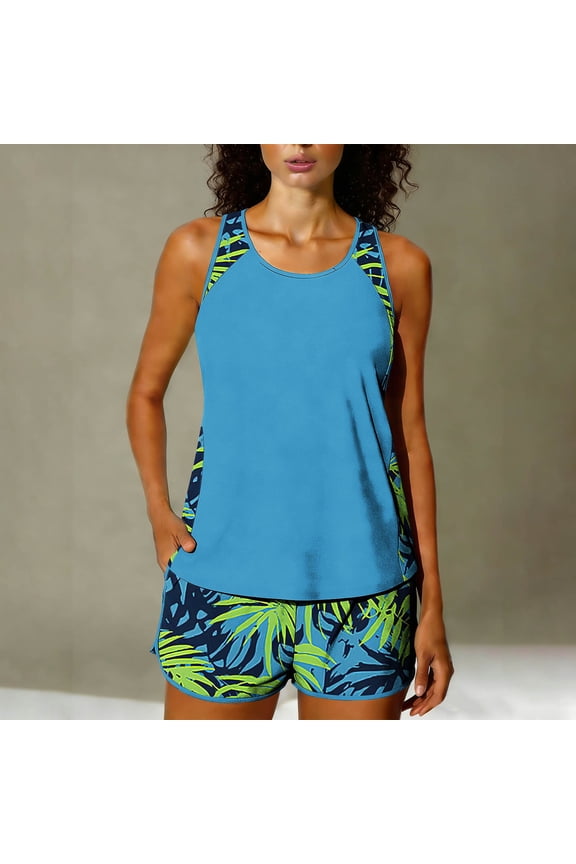 Two Piece Tankini Swimsuits for Women Built-in Bra Tropical Floral Print Athletic Top with Boyshorts Bathing Suits Tummy Control Full Coverage Swimwear