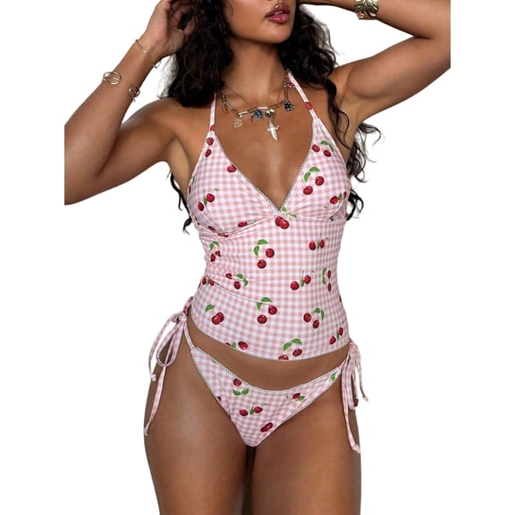 Two Piece Tankini Y2k Cheeky Tummy Control Swimsuit V-Neck Spaghetti Strap Slimming Bathing Suit Flower Color L