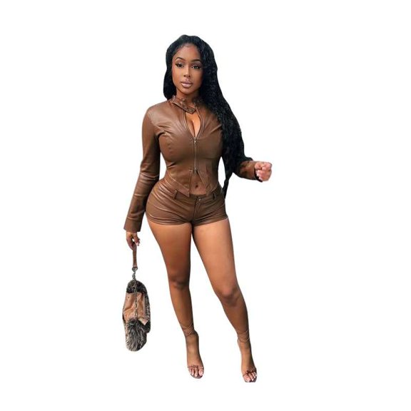 Two-Piece Top & Shorts Set (L, Brown)