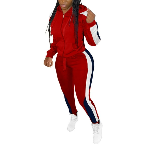 Two Piece Tracksuit For Women Long Sleeve Color Block Zipper Jacket With Sweatpants Jogger Sweatsuit Workout Set