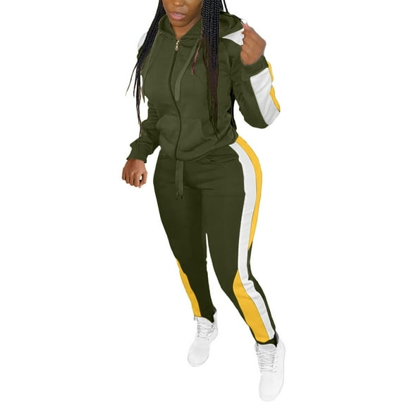 Two Piece Tracksuit For Women Long Sleeve Color Block Zipper Jacket With Sweatpants Jogger Sweatsuit Workout Set