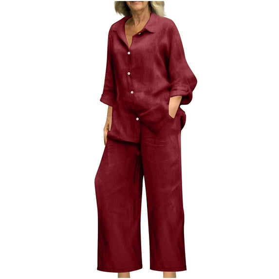 Two Piece Tracksuit Sets for Women New 2 Piece Sets for Women Summer Loose Long Sleeve Shirts Wide Leg Pant Matching Set Plus Size Vacation Outfits Wine XL