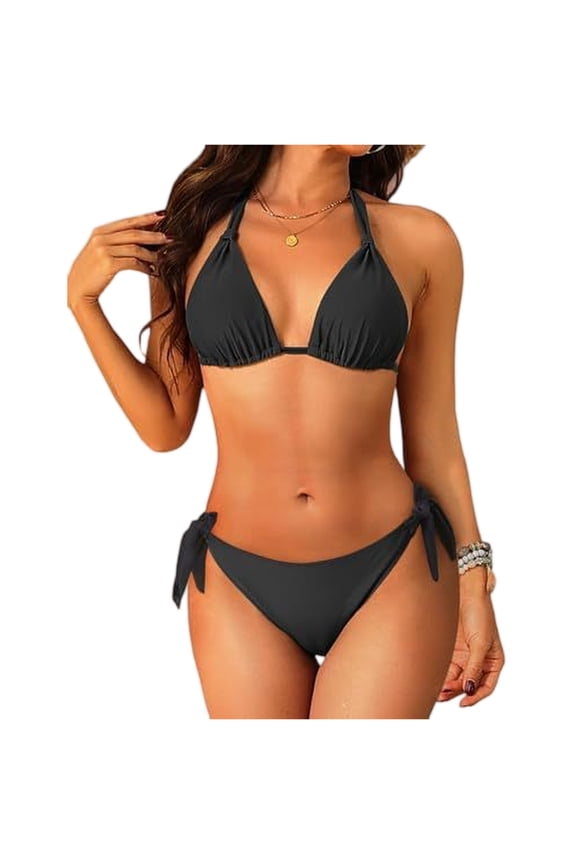 Two Piece Triangle Bikini Sets for Women String Bathing Suit Halter Top with Side Tie Bikini Bottom Black L