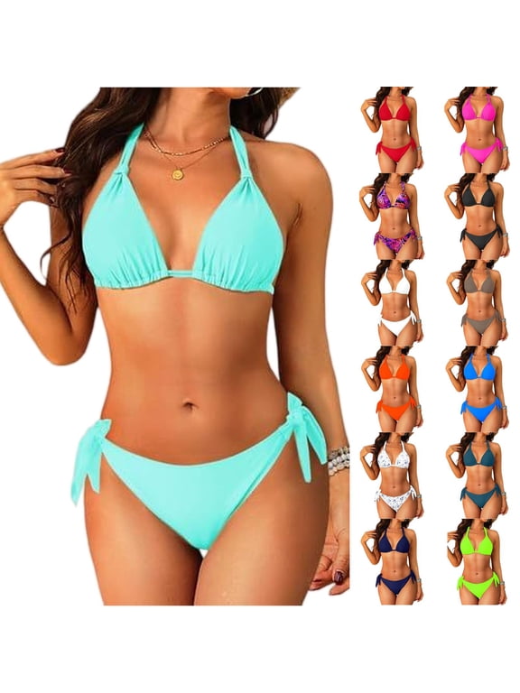 Two Piece Triangle Bikini Sets for Women String Bathing Suit Halter Top with Side Tie Bikini Bottom Cyan XL