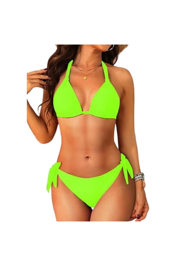 Two Piece Triangle Bikini Sets for Women String Bathing Suit Halter Top with Side Tie Bikini Bottom Fluorescent Green L