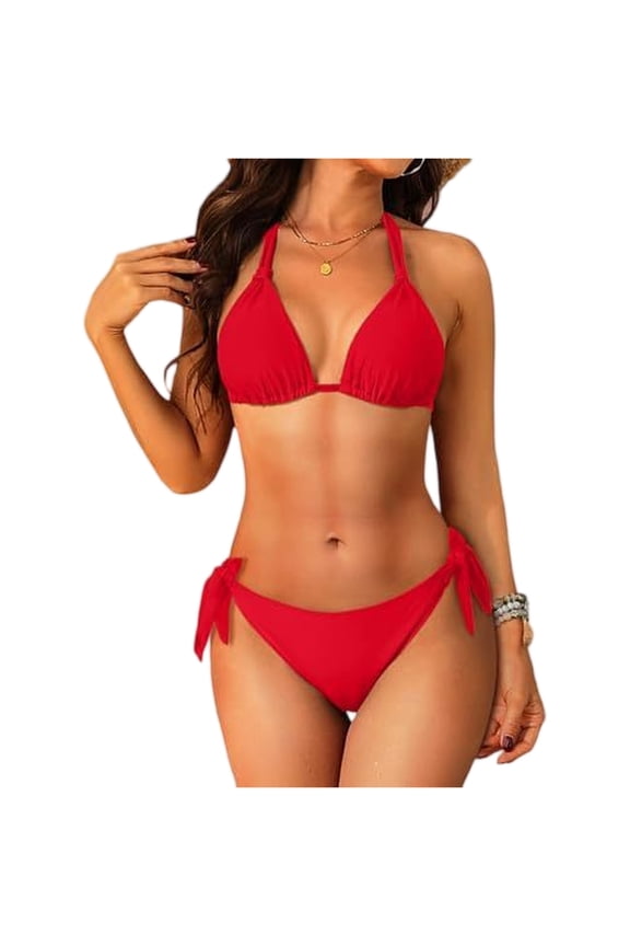 Two Piece Triangle Bikini Sets for Women String Bathing Suit Halter Top with Side Tie Bikini Bottom Vermilion S