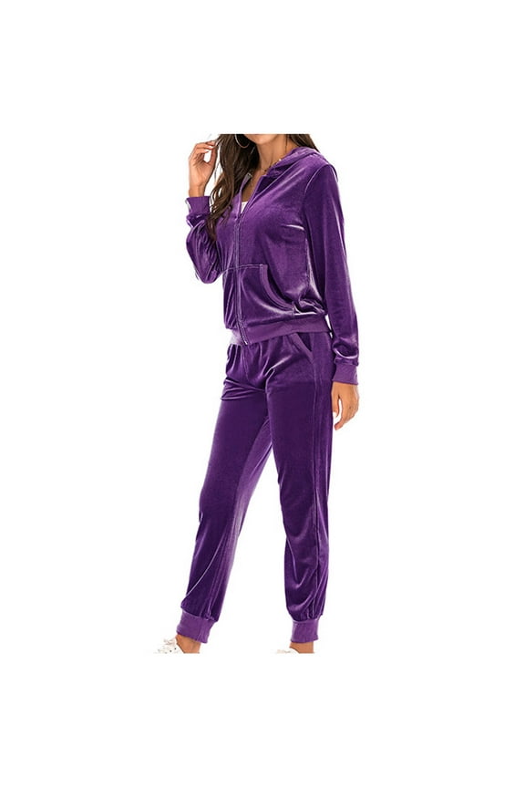 Two Piece Velvet Tracksuits, Zip Up Hoodie Jacket and Pant Sets for Women Joggers Outfits Sweatsuit Sports Loungewear (M, Purple)