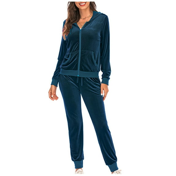 Two Piece Velvet Tracksuits, Zip Up Hoodie Jacket and Pant Sets for Women Joggers Outfits Sweatsuit Sports Loungewear (X-Large, Navy)