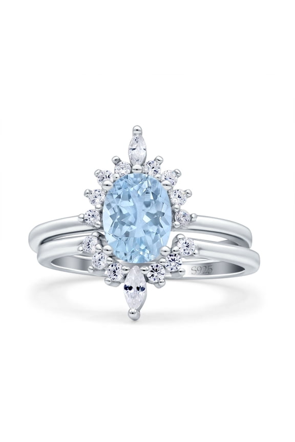 Two Piece Vintage Art Deco Wedding Set Ring Band Oval CZ 925 Sterling Silver Size 7