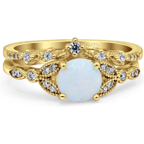 Two Piece Vintage Ring Created White Opal Yellow Tone 925 Sterling Silver, Size 7