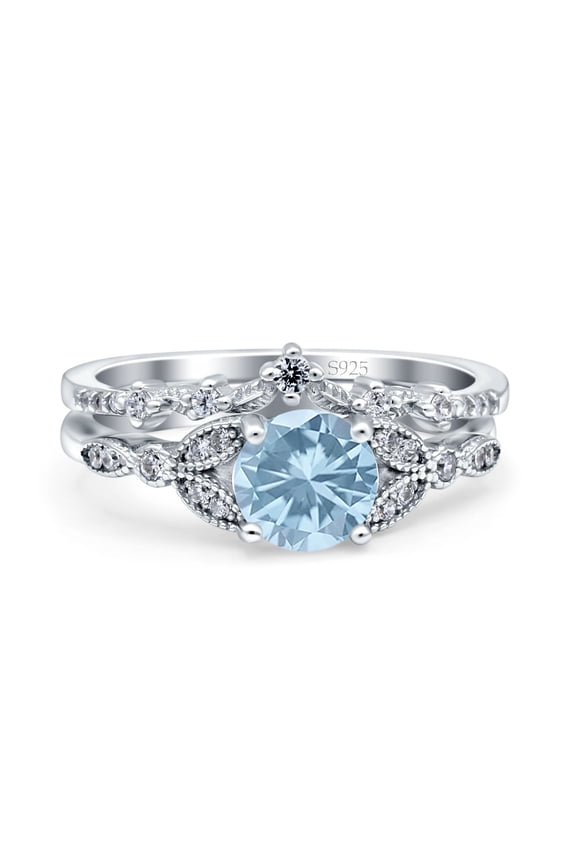 Two Piece Vintage Style Wedding Bridal Set Ring Band Round Simulated Aquamarine CZ 925 Sterling Silver Size 9