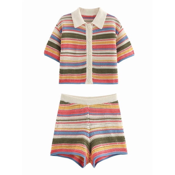 Two Piece Women Summer Casual Knit Short Sleeve Button Down Shirt and Shorts Matching Set Red Striped Suit S