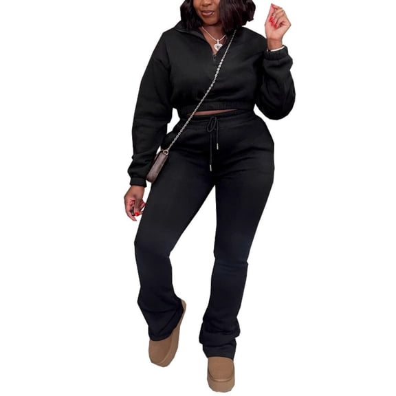 Two-Piece Women’s Fleece-Lined Half-Zip Mock Neck Tracksuit Set, Waist-Cinched Sweatshirt and Drawstring Pants, Warm Cozy Casual Lounge Outfit for Daily Wear